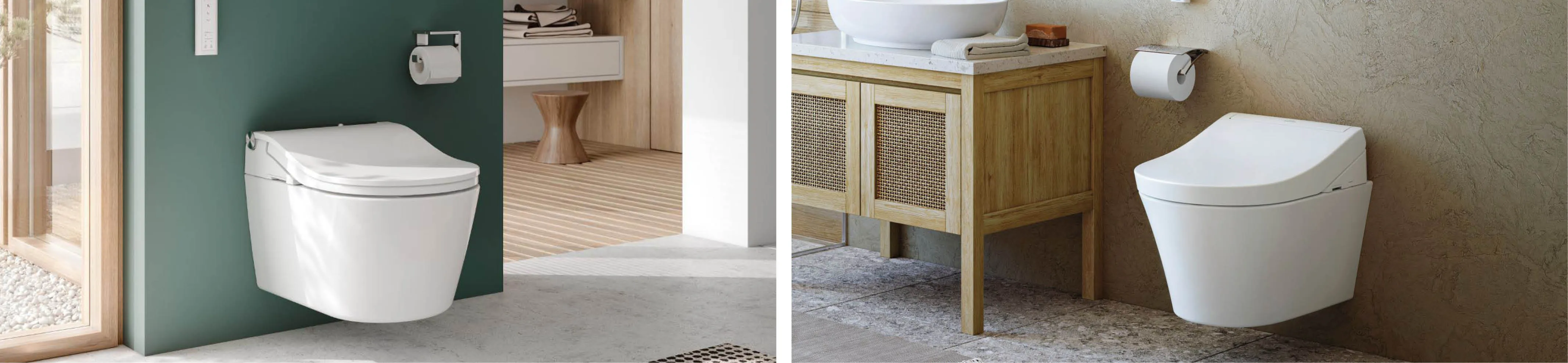 Collage mit zwei Washlets der Marke Toto in modernen Badezimmern.