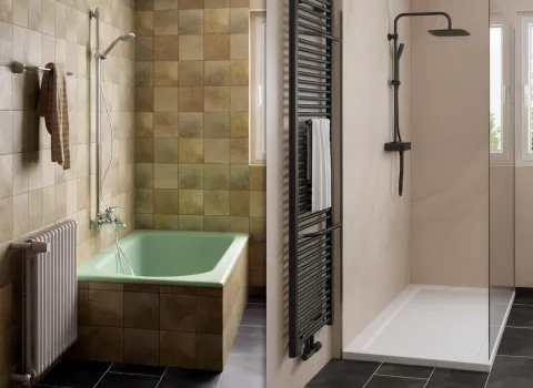 Fotorealistische Vorherher-Nachherplanung einer Duschsanierung, bei der die Wanne durch eine Dusche ersetzt wird. 