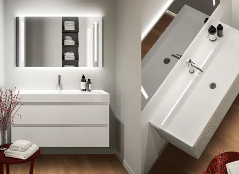 Detailansicht eines minimalistischen Waschtischs mit schlanker Armatur und grifflosem Unterschrank von Stocco.