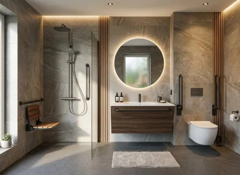 Ein modernes barrierefreies Badezimmer mit Sitz in der Dusche und Haltegriffen an WC und Waschtisch.