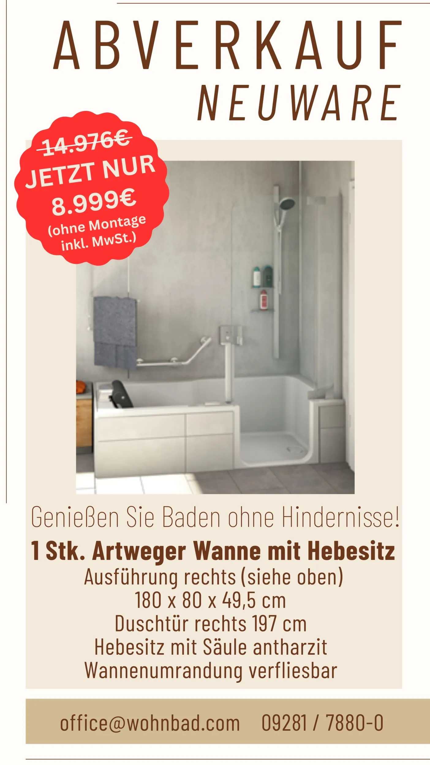Artweger Wanne mit Hebesitz Abverkauf 