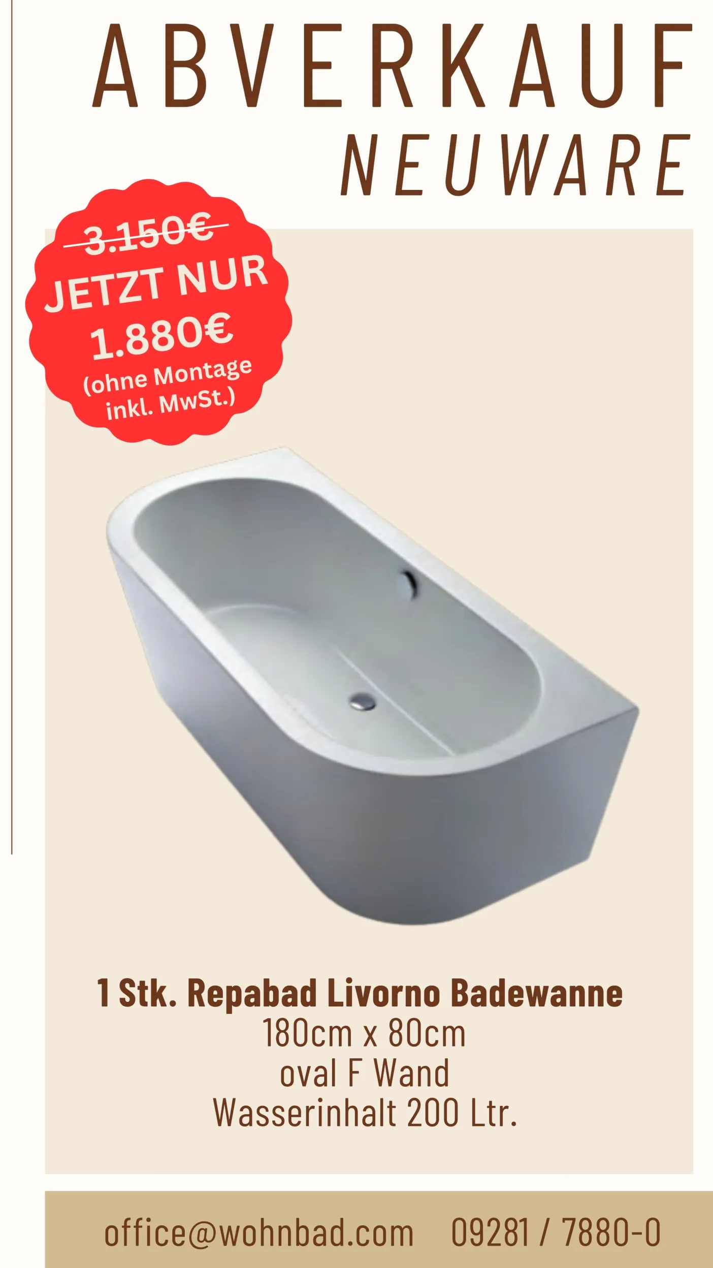 Abverkauf_Repabad_Badewanne_Livorno180/80